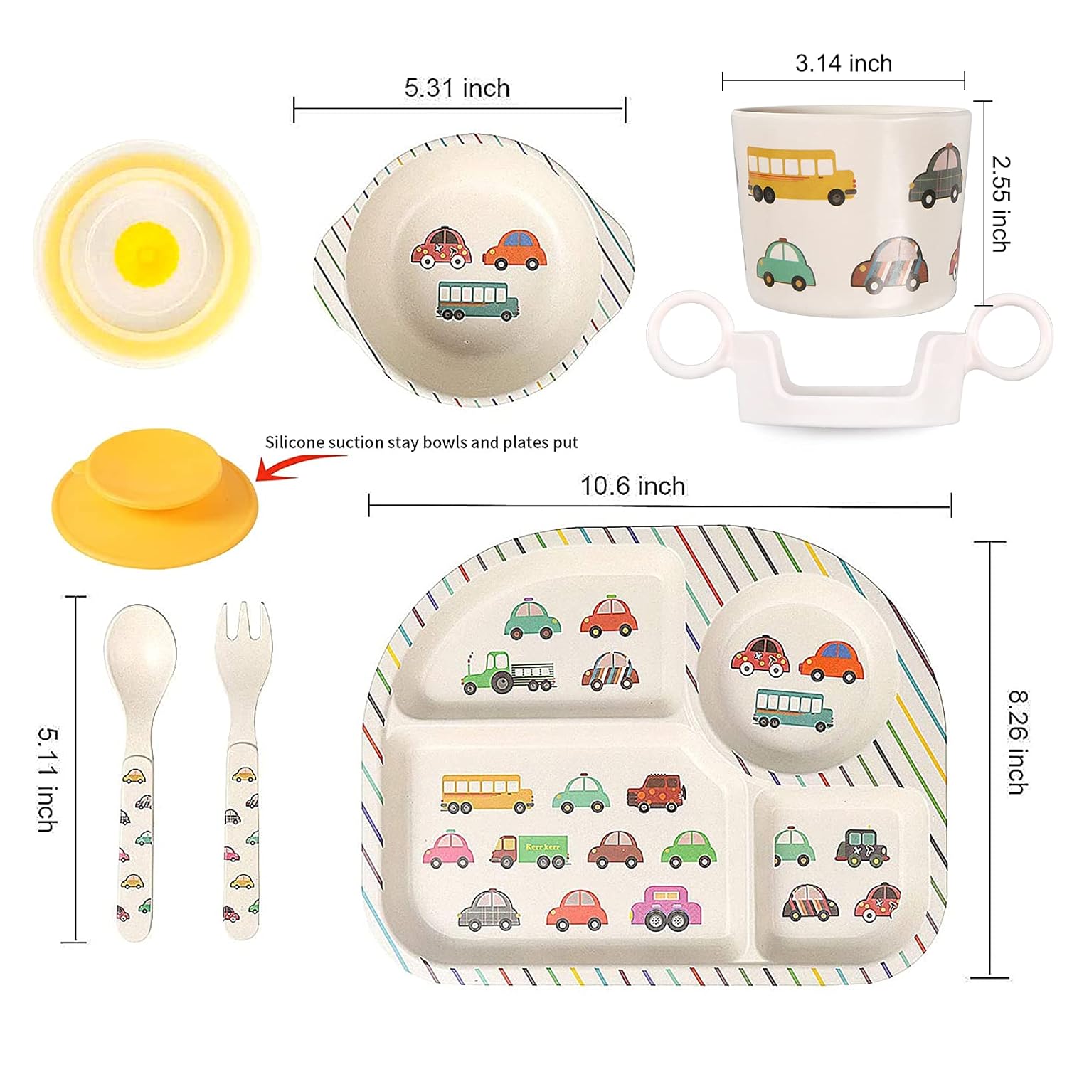 shopwithgreen 7Pcs/Set Bamboo Kids Dinnerware Set - Children Dishes - Food Plate Bowl Cup Spoon Fork Set Dishware, Cartoon Tableware, Dishwasher Safe Kids Healthy Mealtime, BPA Free : Baby