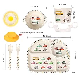 shopwithgreen 7Pcs/Set Bamboo Kids Dinnerware Set - Children Dishes - Food Plate Bowl Cup Spoon Fork Set Dishware, Cartoon Tableware, Dishwasher Safe Kids Healthy Mealtime, BPA Free