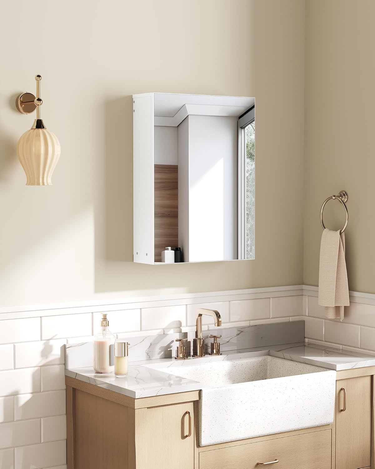 Wall-Mounted Bathroom Vanity with Mirror, Medicine Cabinet with Storage Function, Hanging Storage Cabinet, Adjustable Shelves, White