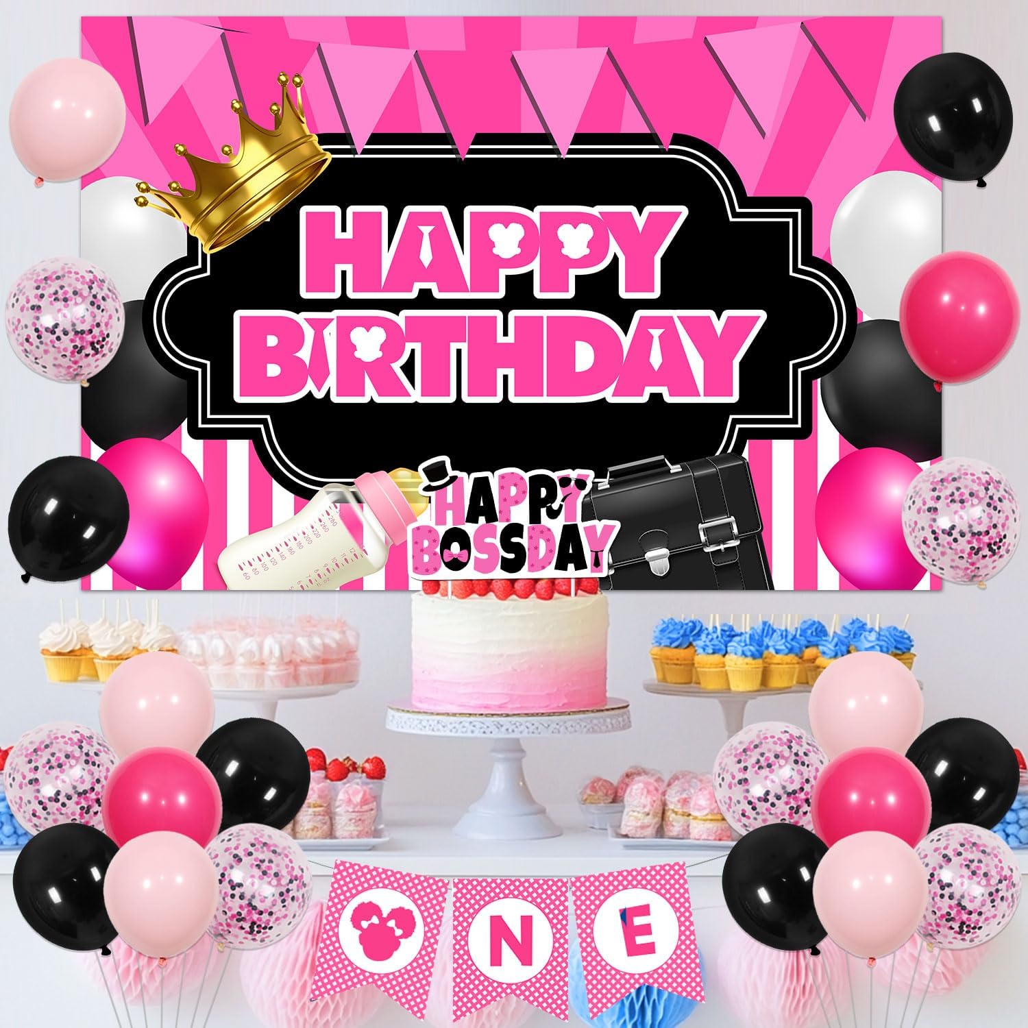 Boss-Themed 1st Birthday Decorations for Baby Girl: Hot Pink 'Happy Birthday' Banners, Backdrop, Cake Topper, Cupcake Toppers, Latex Balloons, High Chair Banner