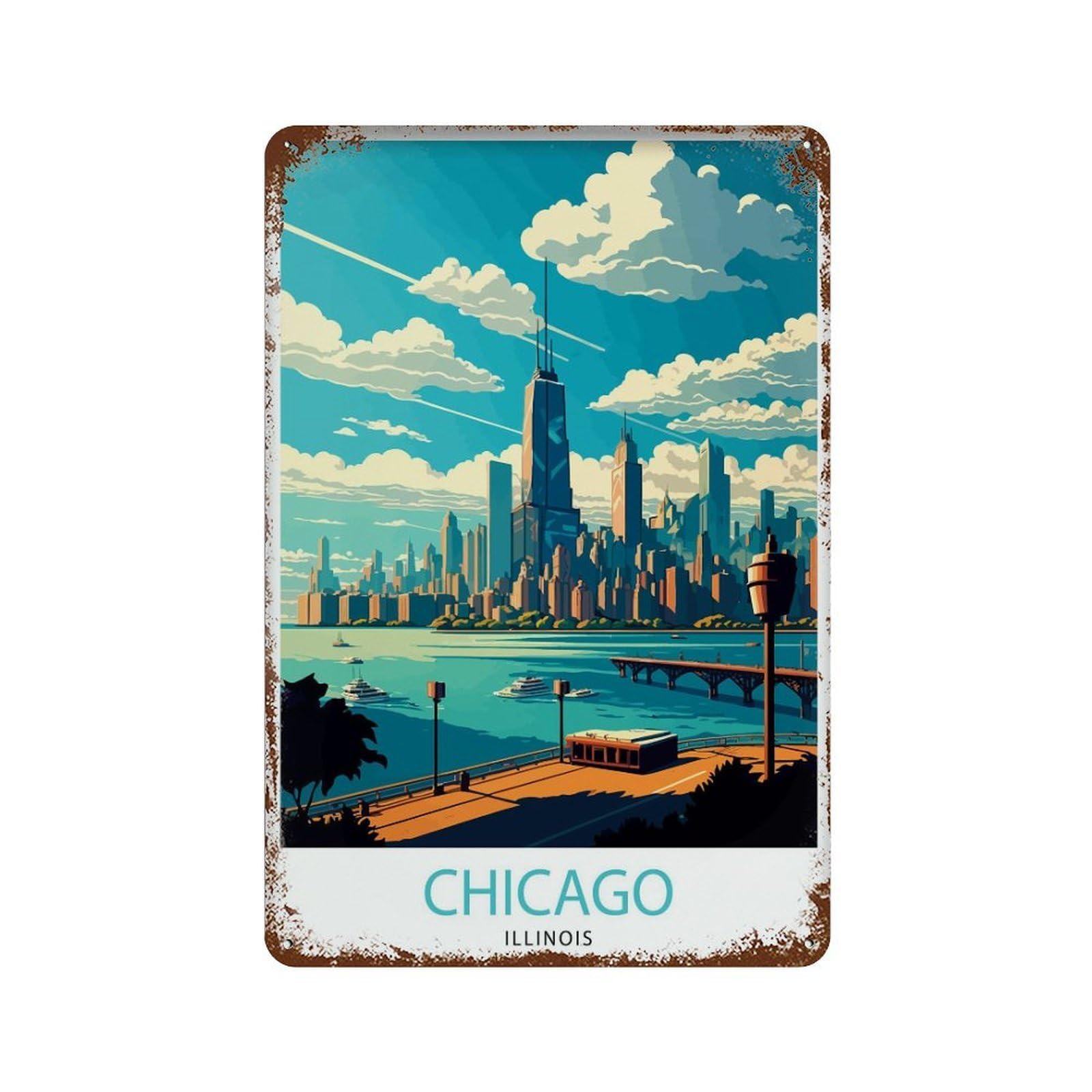 xiaoxiaoshen Chicago Travel Skyline Illinois Cityscape Gift Home Wall Decor Art Metal Tin Poster Modern Home Decor Art Home Bar Shop Decorations Vintage Sign 30x20cm