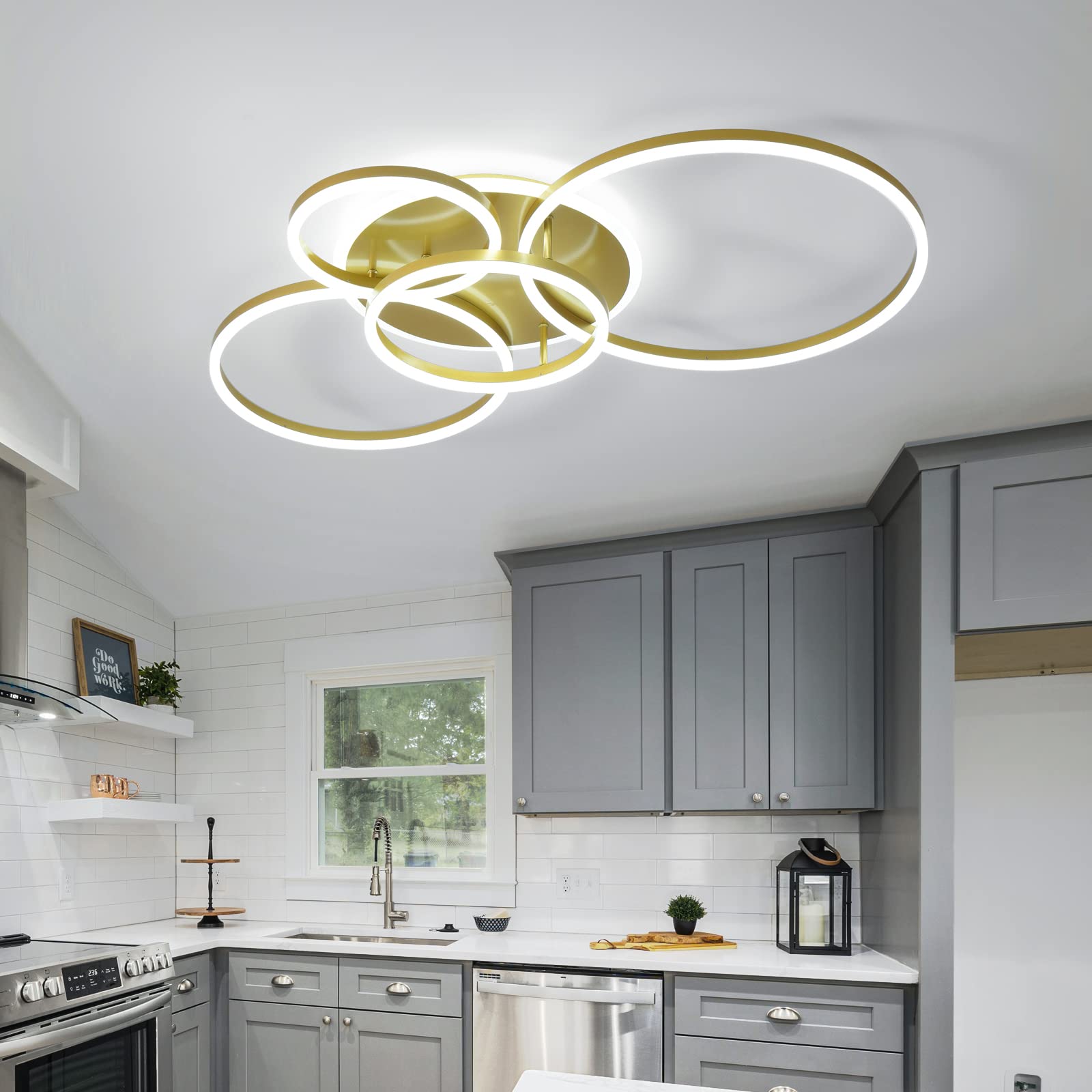 Nowoczesna lampa sufitowa LED 106 W, ściemniana, akrylowa z pilotem zdalnego sterowania, 6 pierścieni, montaż podtynkowy, złoty żyrandol do salonu, jadalni, sypialni, kuchni (5+1G01