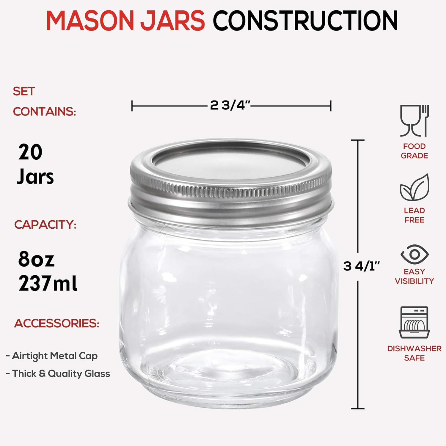 20 Pcs Mason Jars 8 Oz, Regular Mouth Glass Canning Jars With Silver Metal Airtight Lids And Bands, Colored Lids, Chalkboard Labels And Marker For Preserving, Jam, Jelly, Honey, Favors, Decorating: Home & Kitchen