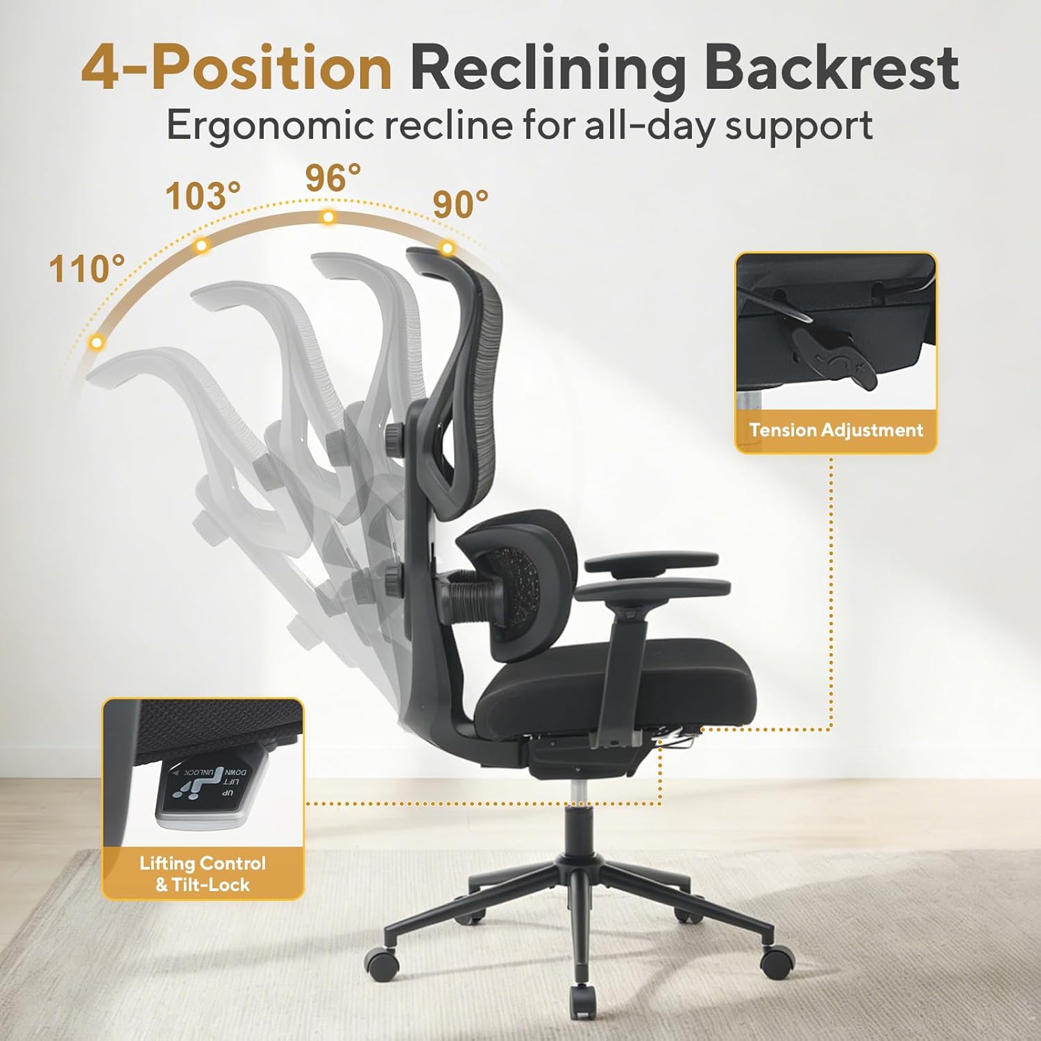 Nouhaus Ergo Morph Ergonomic Office Chair, High Back Mesh Office Chairs with Dual-Zone Dynamic Lumbar Support, Adjustable Backrest & Seat Depth, 3D Armrests, Comfy Home Office Desk Chair (Black)