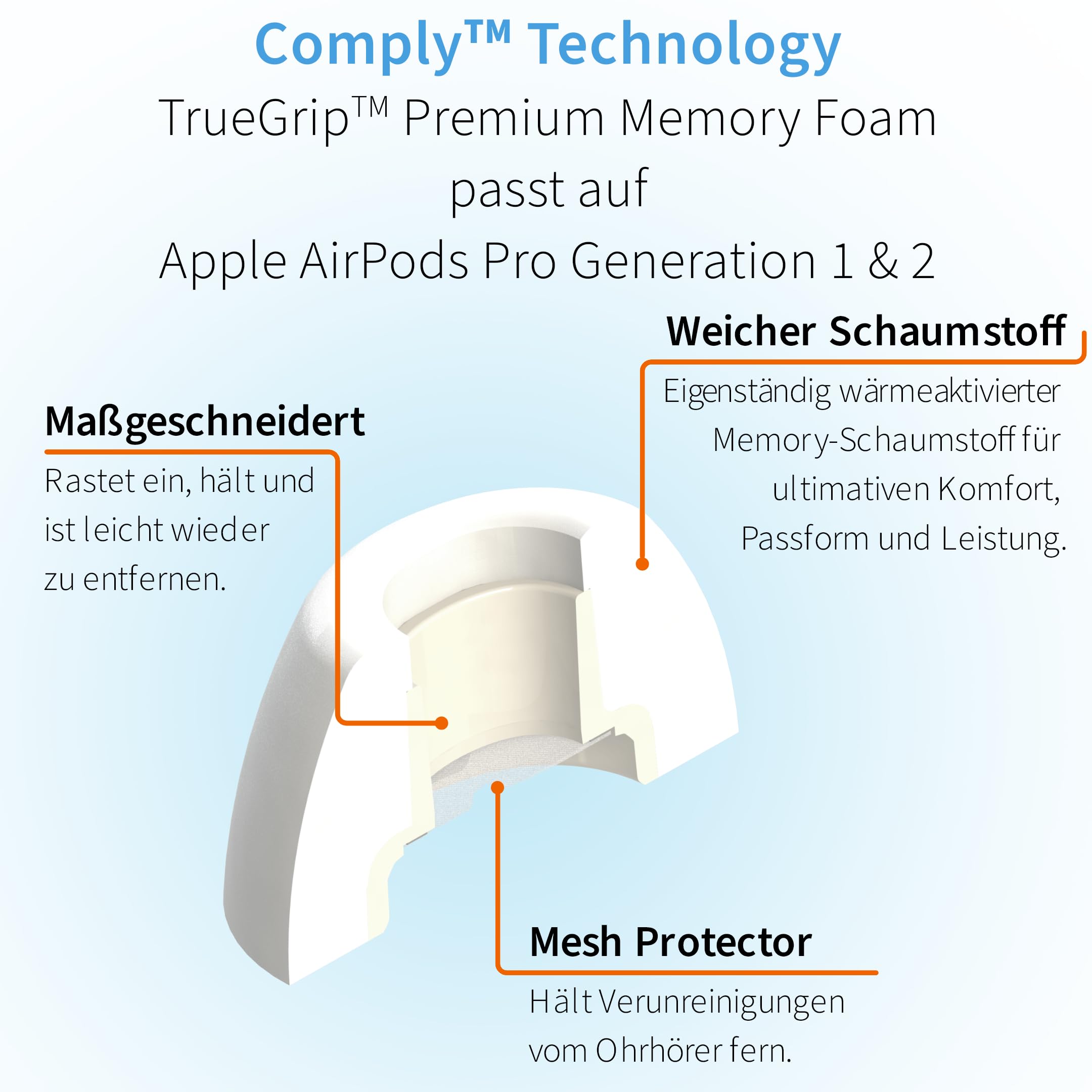 Comply Premium piankowe zatyczki do uszu, kompatybilne z Apple AirPods Pro Gen 1 i 2, rozmiar M, wersja 2025 z narzędziem do demontażu i czyszczenia, białe, 3 pary, wyprodukowano w USA