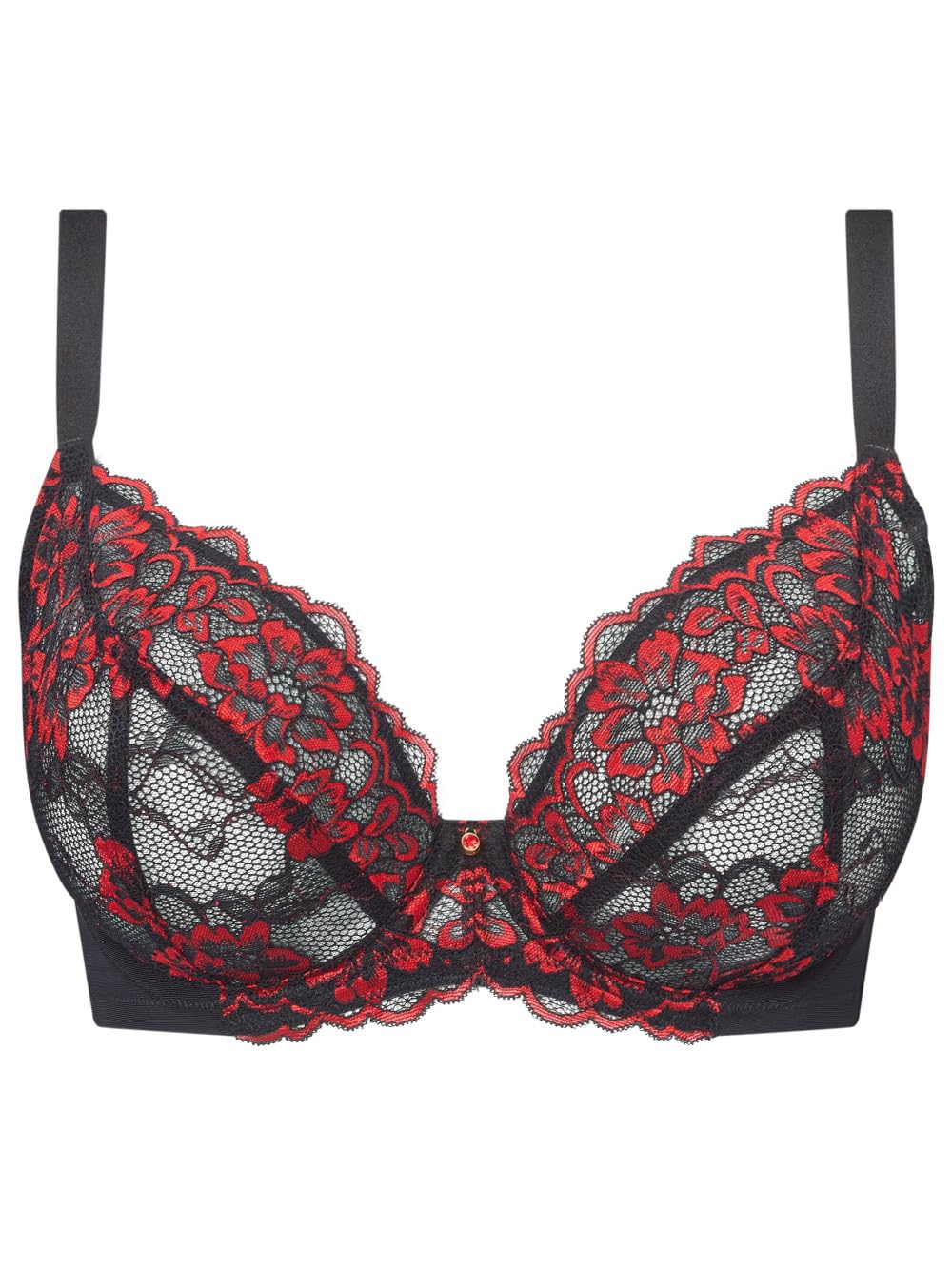 Ann Summers Black/Red Sexy Lace Fuller Bust Non Padded Plunge Bra, 34Gg
