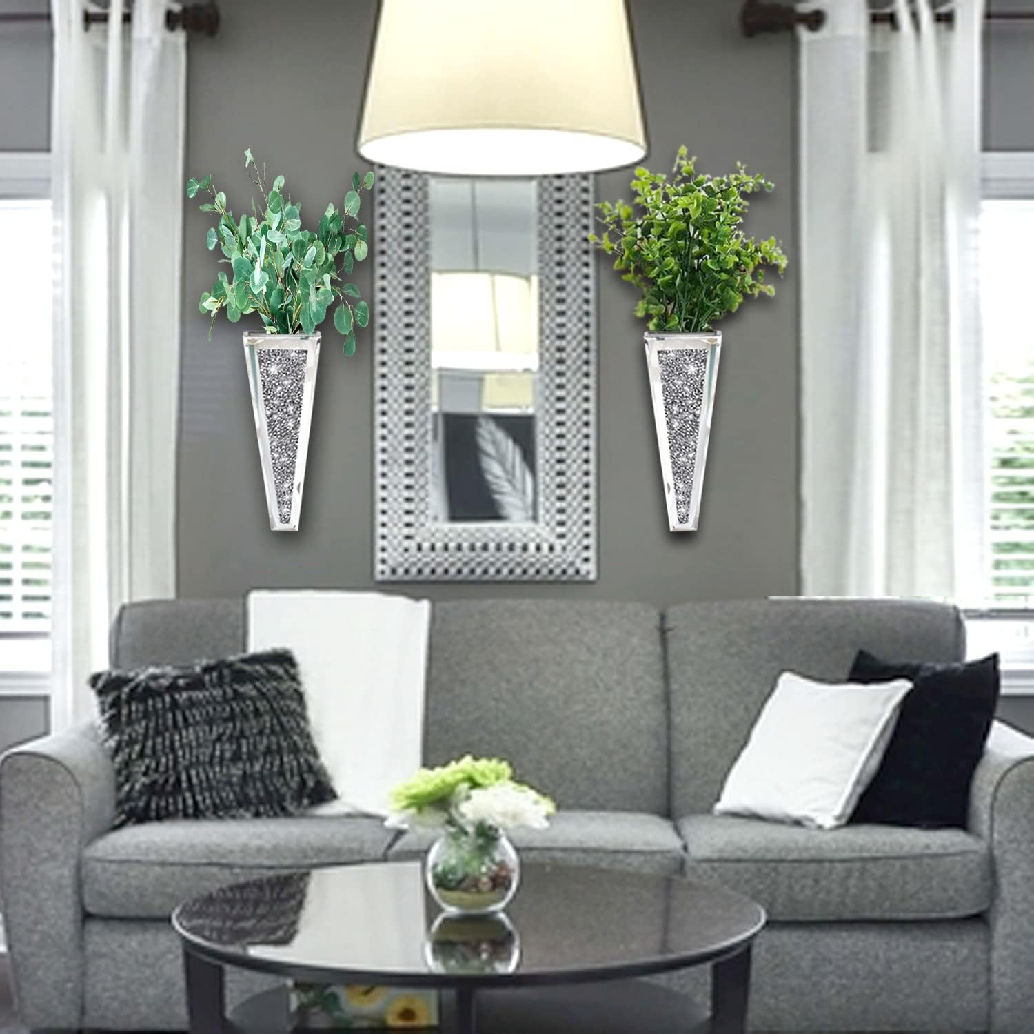 Flower Vase Crushed Diamond Mirrored Hanging Planter& Geometric Decor Mirrored Container,Silver Decorative Mirror Vase Luxury for Home Decor.befit for Faux Plants.Can’t Hold Water.(Set of 2)