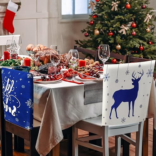 Miniatura 6 de VitalCozy 6 fundas navideñas para sillas de 18 x 18 pulgadas, de arpillera, color azul, con texto en inglés "Merry Christmas", fundas de asiento con