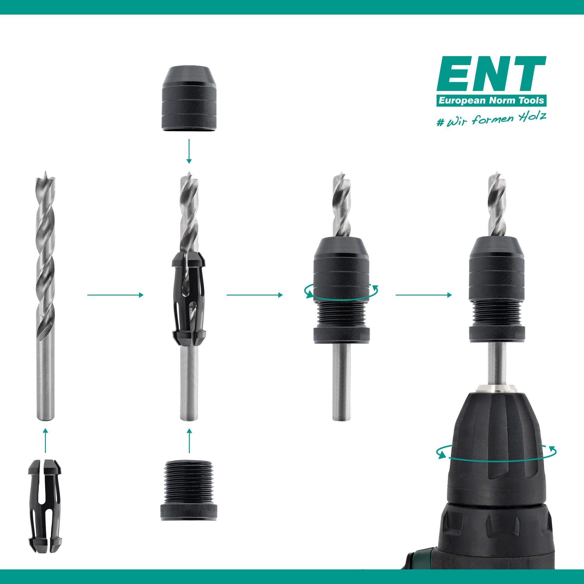 ENT 26512 Set di arresto di profondità, Ø variabile 3-11 mm, arresto di foratura in alluminio per punte da legno e punte elicoidali da legno