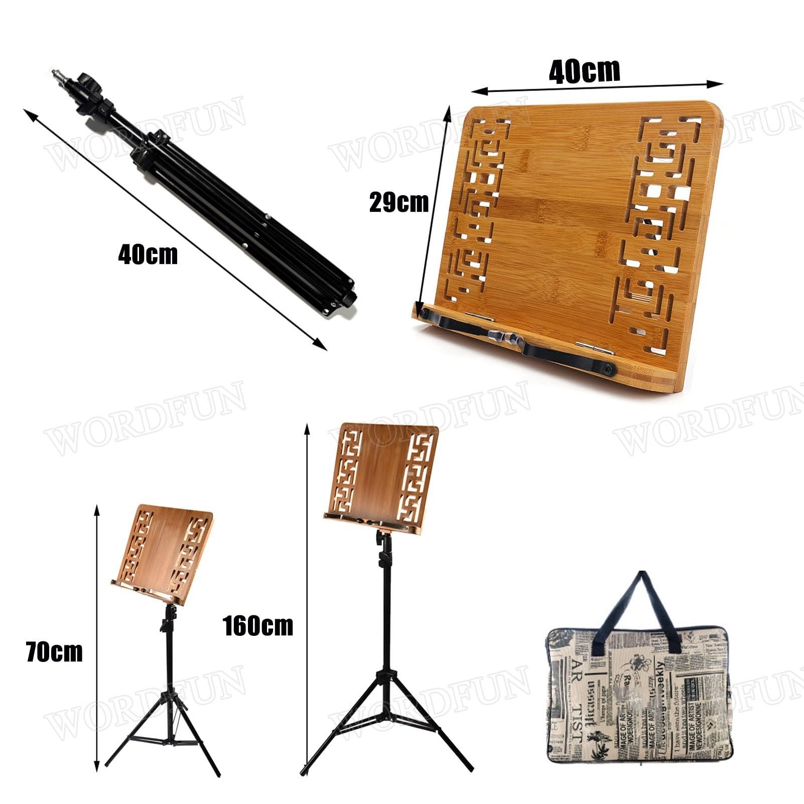 Leggio per spartiti, Leggio da Tavolo 2 in 1 a Doppio Uso, Leggio per spartiti in bambù Naturale per spartiti, Angolo Regolabile a 270°, Sollevabile 70-160 cm, Staccabile, Portatile, Stabilizzato