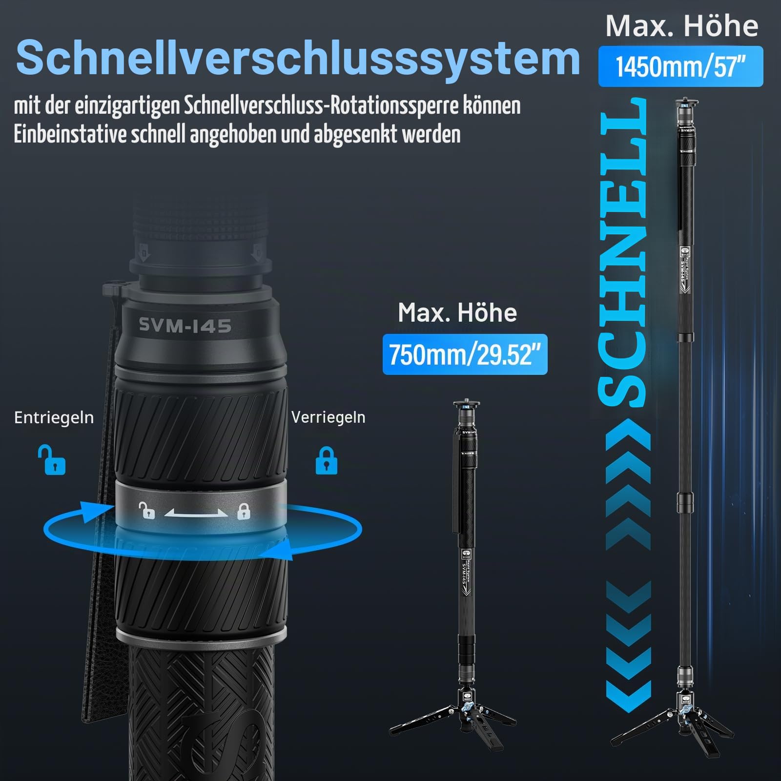 SIRUI SVM-145 Carbon Fiber Monopod mit Rapid System | 3-in-1 Modulares Einbeinstativ, 145cm, 10kg Traglast | Schnellverstellung & Schnellwechsel für DSLR & Video