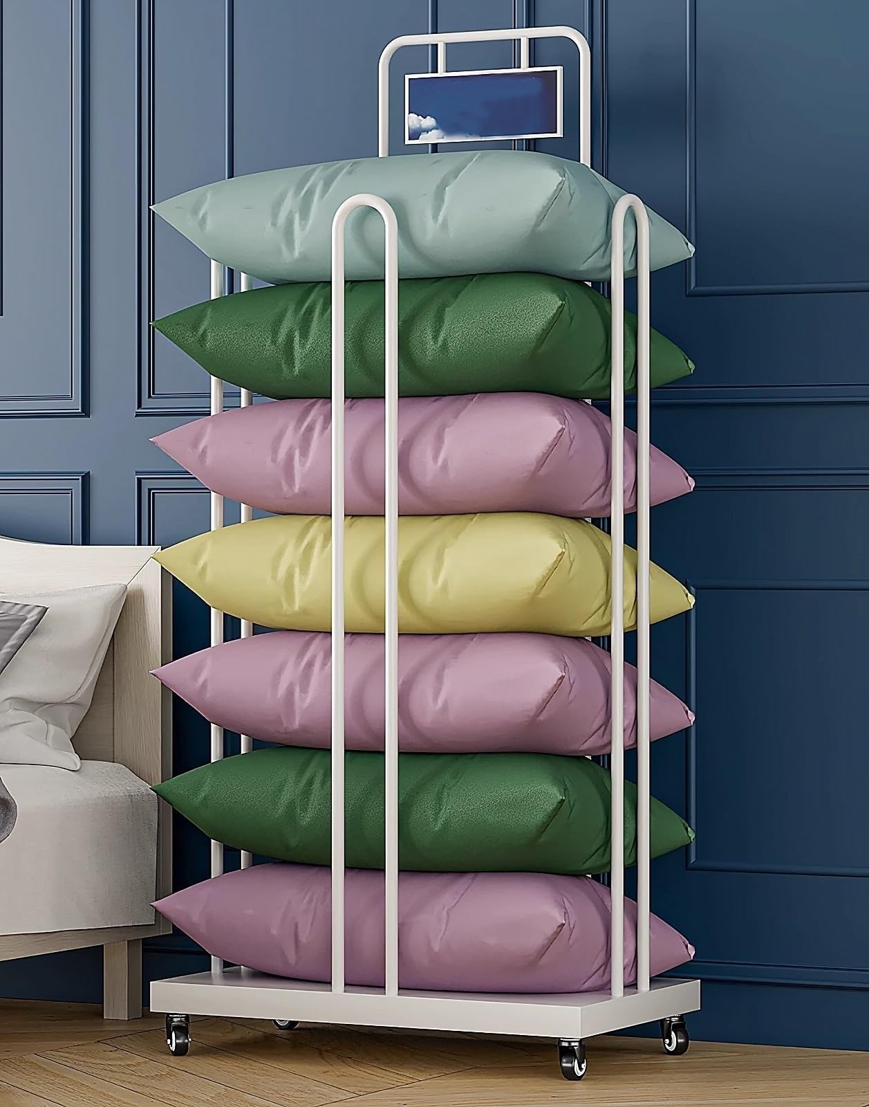 Rectangular Metal Pillow Rack with Billboard?Freestanding Pillow Display Rack?Rectangular Metal Pillow Rack with Billboard, Commercial Retail Pillow Quilt Display Stand for Mall Clothing Stores(80x46x