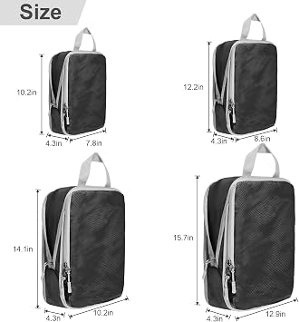 Compression Packing Cubes, Ultralight Packing Cubes for Carry on Suitcase, Travel Packing Essentials for Suitcase Organizer Bags Set, Durable Travel cubes for Luggage (Black, Set of 4)