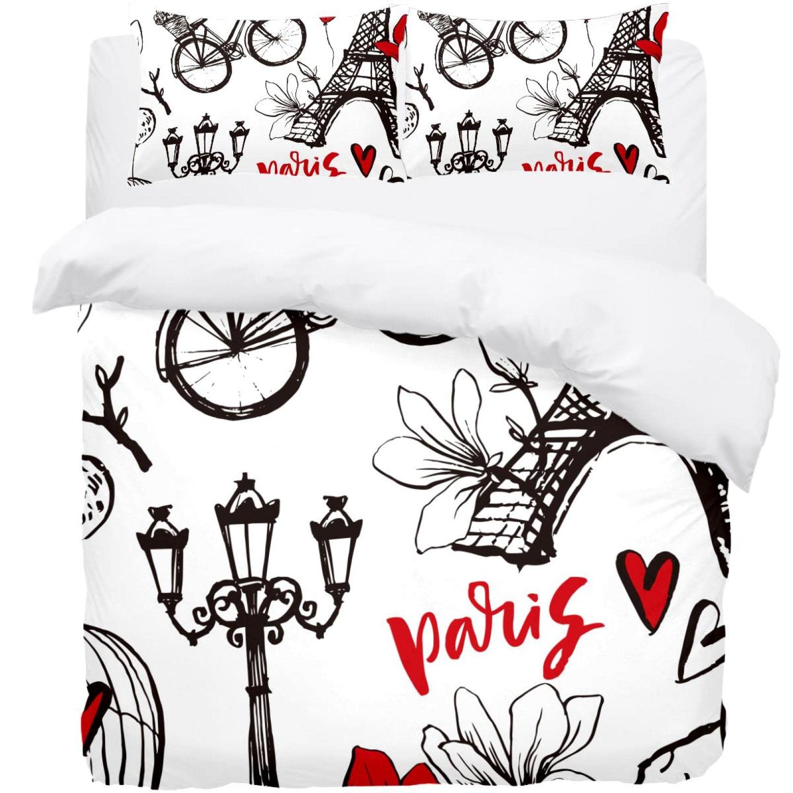 Housse de couette Paris anti-plis pour lit simple avec taies d'oreiller