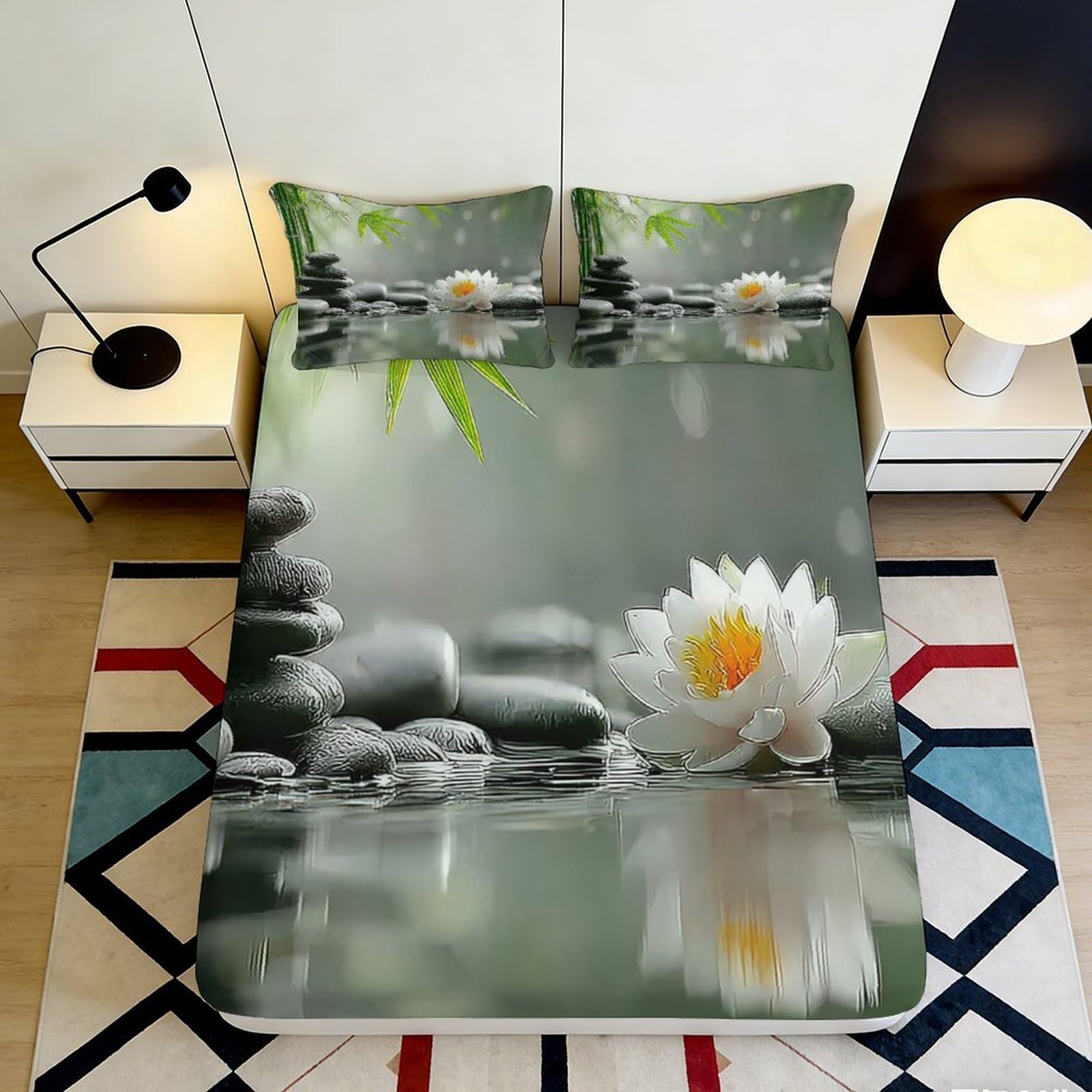 3D Printed Zen Lotus Fitted Sheet Microfiber Deep Pocket Non-Slip Zen Lotus Mattress Fitted Cover for Bedroom Adults 200x200x25cm 90x200x25cm