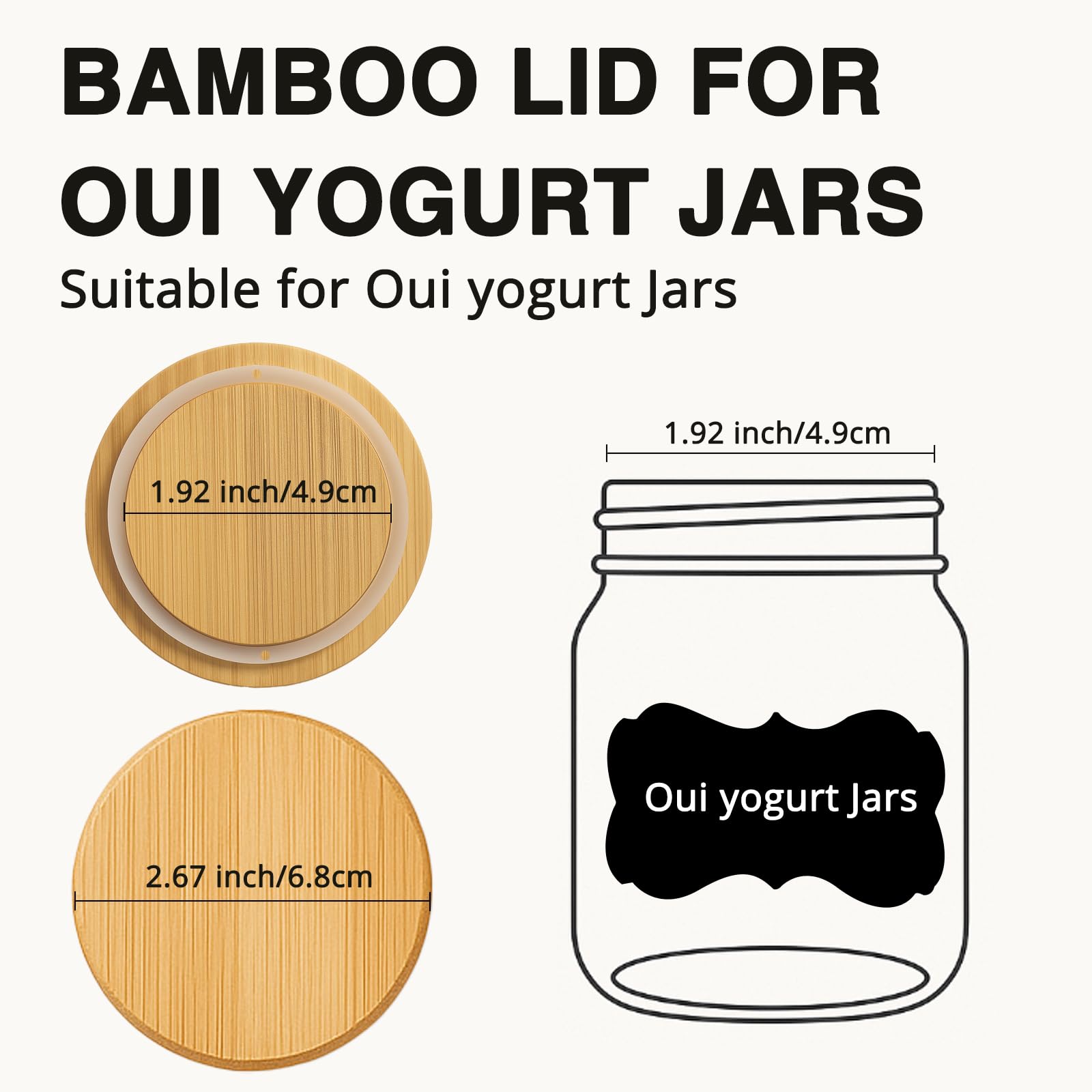 6 Pack Oui Yogurt Jar Lids, Natural Bamboo Wooden Oui Lids for 5 oz Oui Yogurt Glass Jars, Reusable Canning Lids with Silicone Sealing Rings and Label (Jars Not Included)