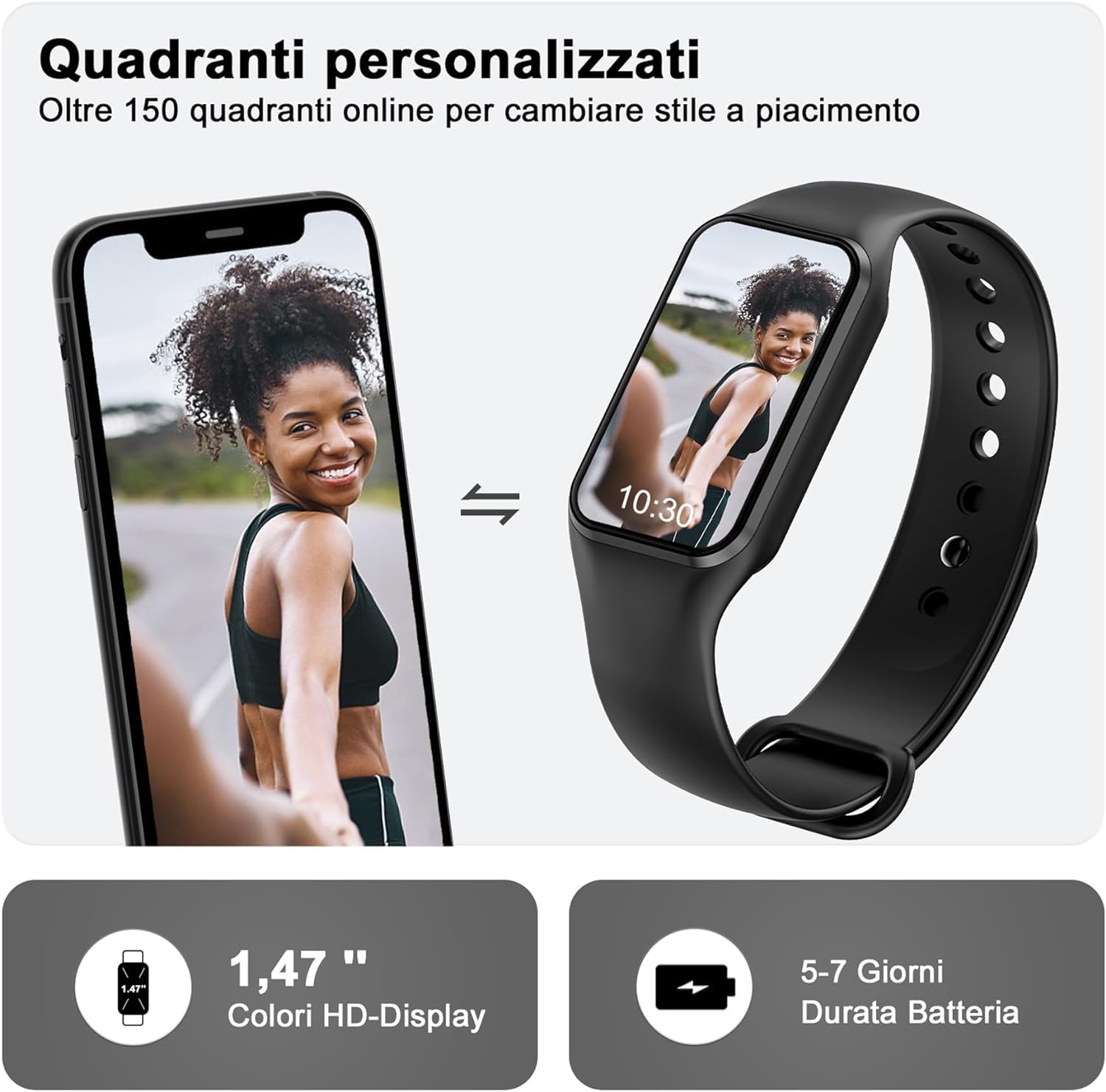 Blackview smartwatch uomo e donna, orologio fitness da 1,47 pollici, display a colori, fitness tracker con contapassi, monitoraggio della frequenza cardiaca, orologio sportivo con 24 modalità sportive