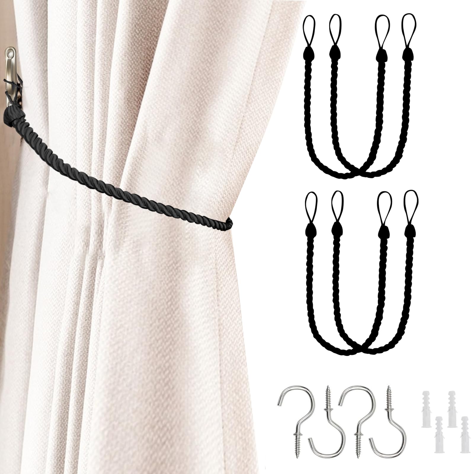 4Pcs Rope Curtain Tiebacks, Black Tie Backs for Curtain, Black Curtain Tie Simple, Curtain Rope Holder Buckle for Curtain (Black-4Pcs)