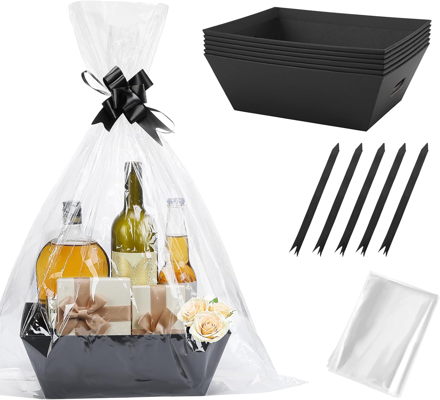 Beeplove 6 Sets Large Thick Kraft Baskets for Gifts Empty - Gift Baskets Empty Kit with Cellophane Wrap and Pull Bows for Wedding Birthday Bridesmaid Baby Shower, Black