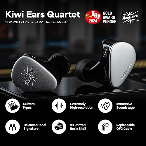 Miniatura 2 de Linsoul Kiwi Ears Quinteto in Ear Monitor, 1DD + 2BA + 1 Planar + 1 PZT Hybrid Driver Earphone, con cable OFC chapado en plata desmontable, placa