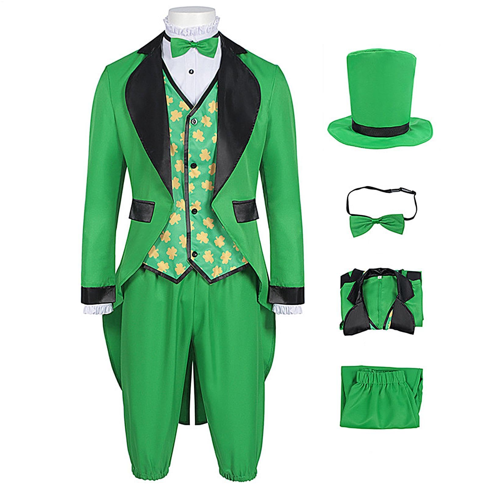 St. Patricks Day kostium kostiumowy, kostium Świętego Patryka dla mężczyzn – męski irlandzki zielony kostium kostiumowy, przebranie cosplay z mieszanej tkaniny poliestrowej na pokazy sceniczne
