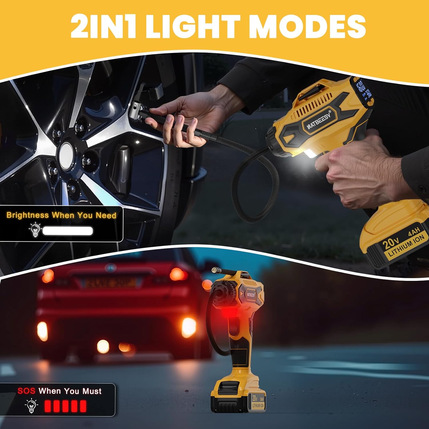 Cordless Tire Inflator Portable Air Compressor Compatible with Dewalt 20V Battery- with 4AH Battery and Charger - 160PSI Digital Gauge Air Pump for Car, Bike Tires and More