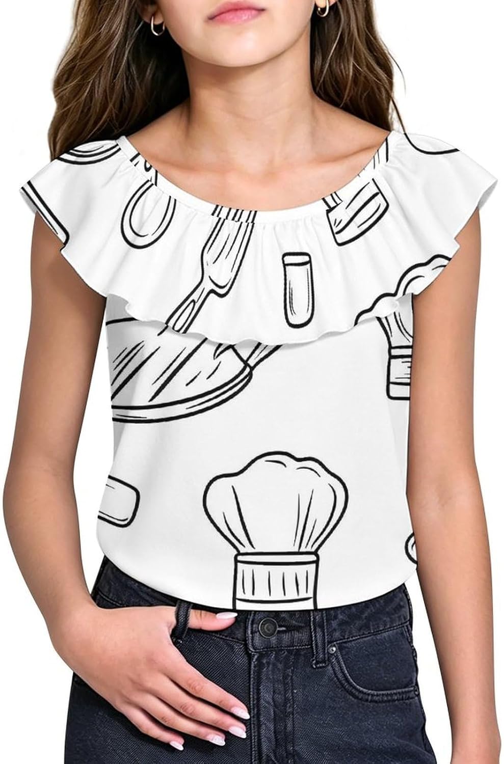 Chef Hat Cooking Tools Girls T-Shirts Top Ruffle Short Sleeve Blouse Casual Graphic Tees
