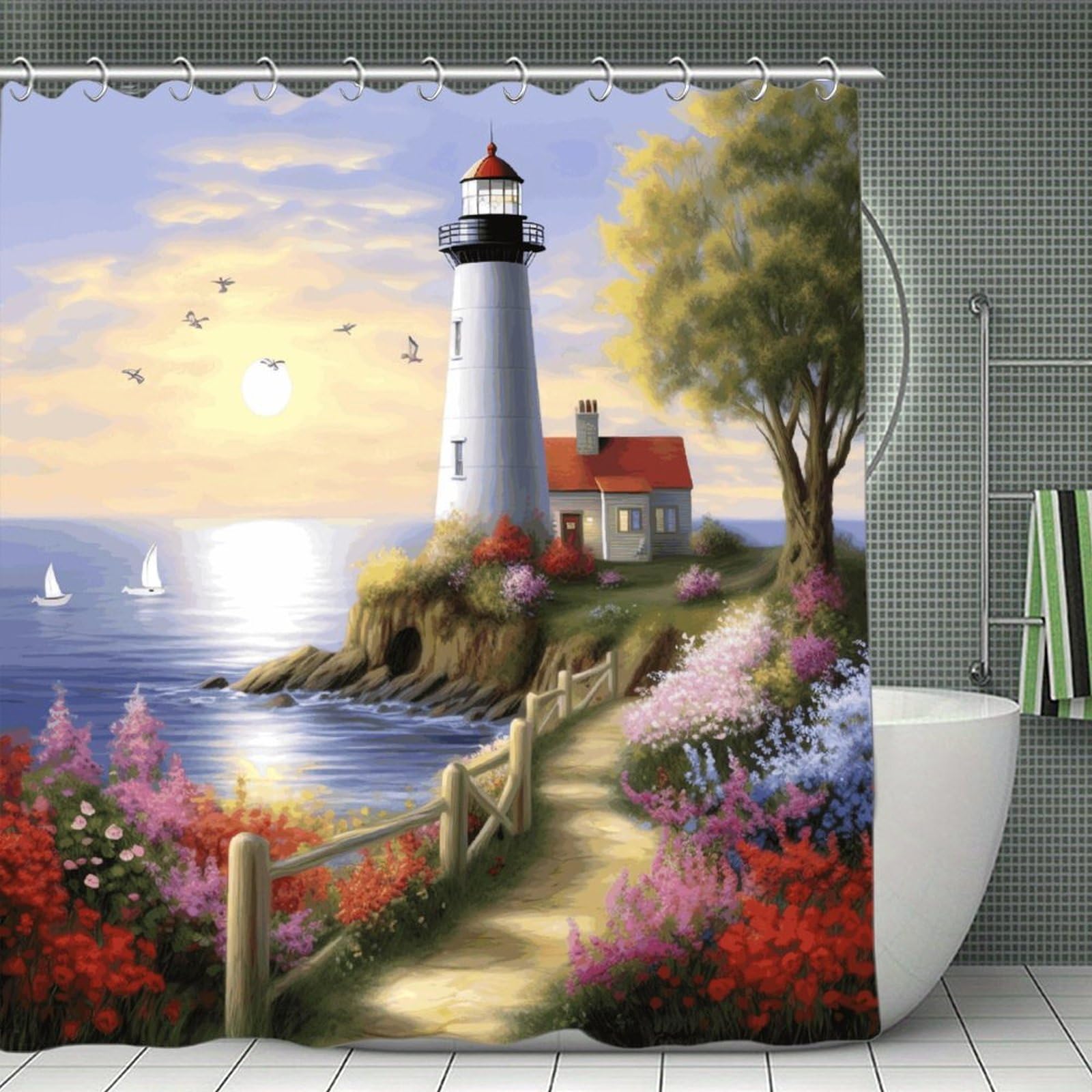 VstaDank Lighthouse Diamond Painting Shower Curtain Waterproof Bathroom Curtain with Hooks Luxury Weighted Bath Curtains for Bathtubs Showers Room Dividers Decorative Shower Curtains 71x71 in