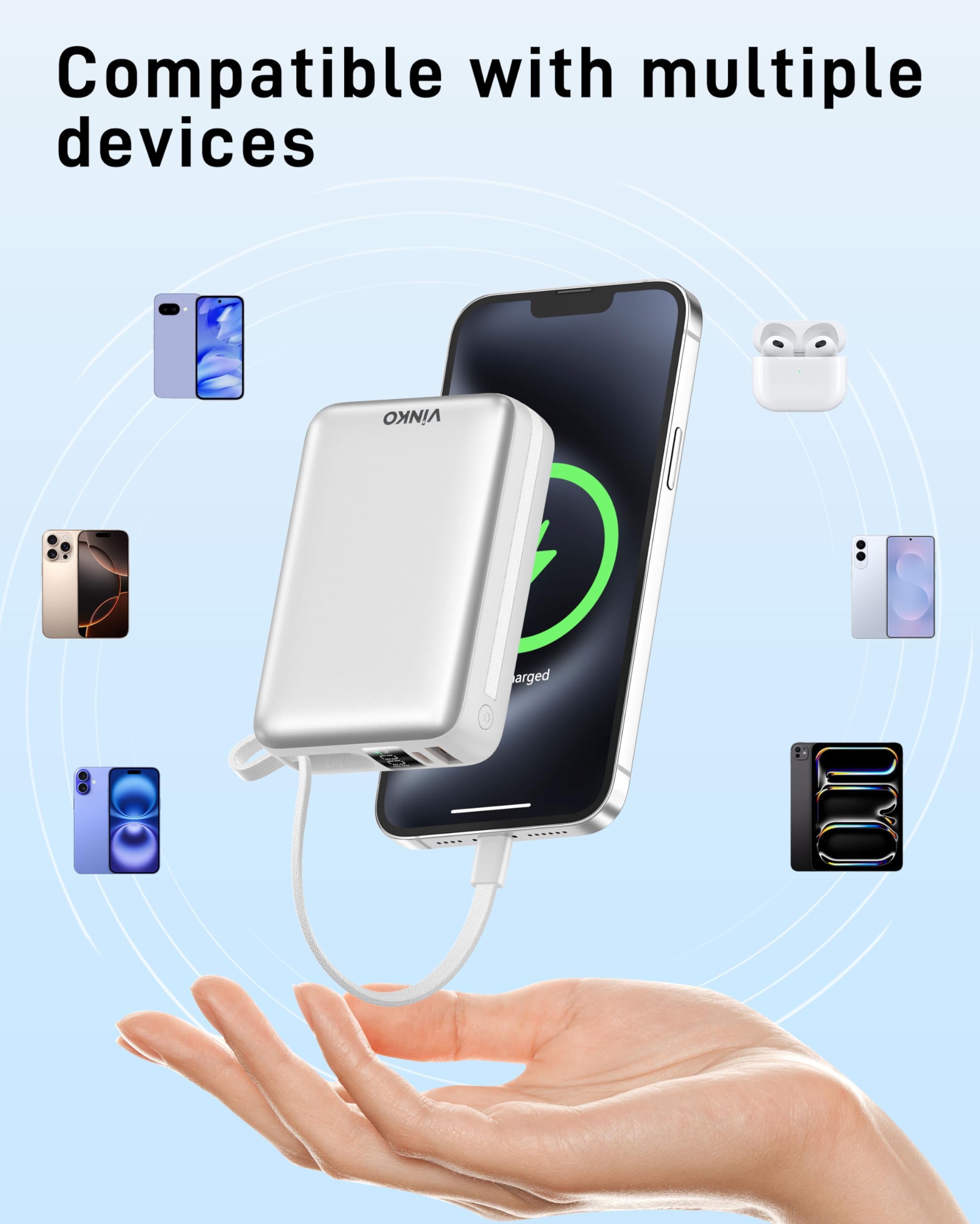 VINKO Travel Essentials Chargeur Portable 20 000 mAh avec câbles intégrés et écran LED, Compatible avec iPhone, iPad, Samsung Pixel, Blanc