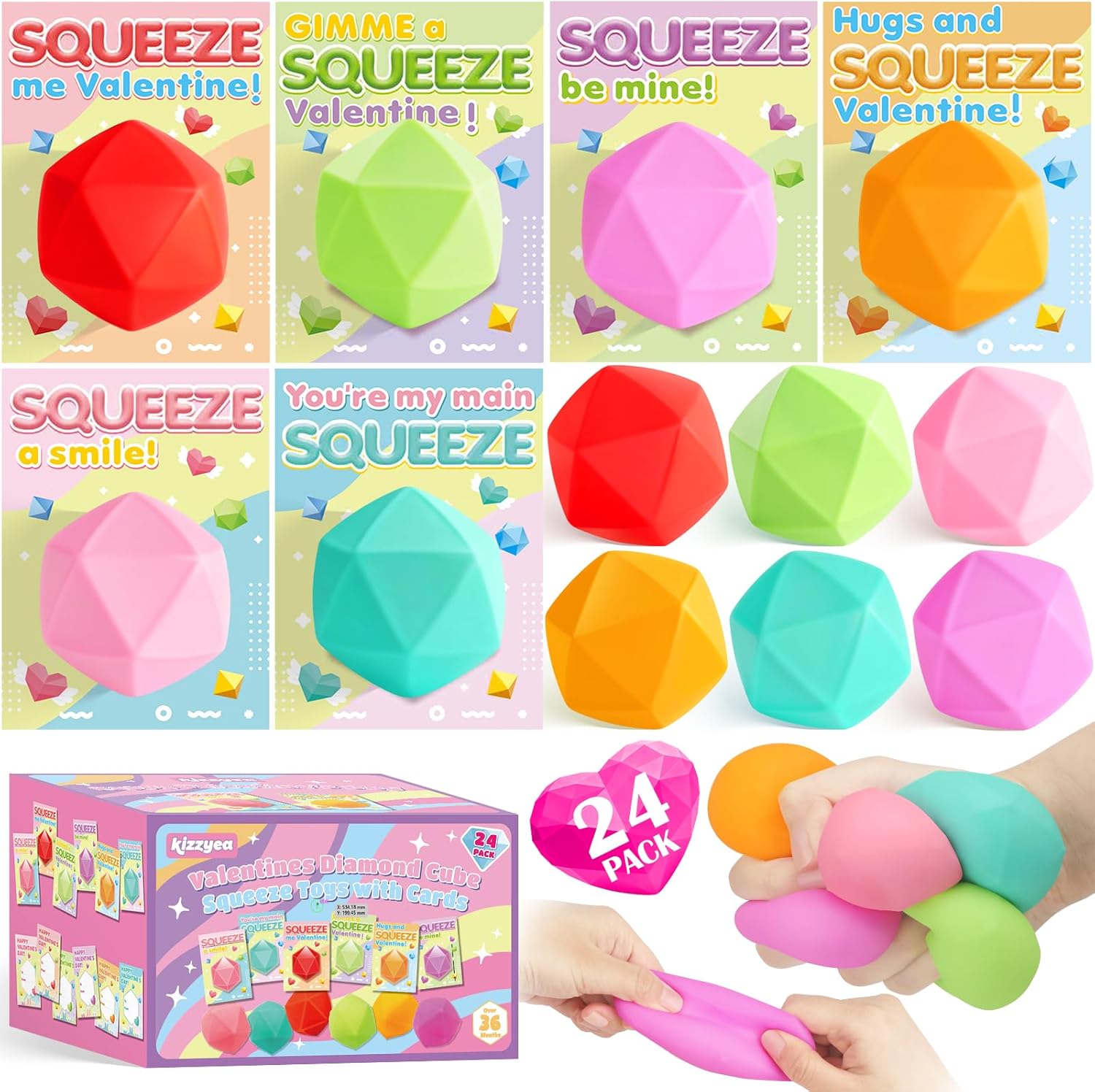 KIZZYEA Valentines Party Favors, 24 Pack Valentines Day Cards for Kids School with Diamond Squeeze Stress Balls, Valentines Day Gifts for Kids, Stretchy Toy for Classroom Prizes for Boys Girls