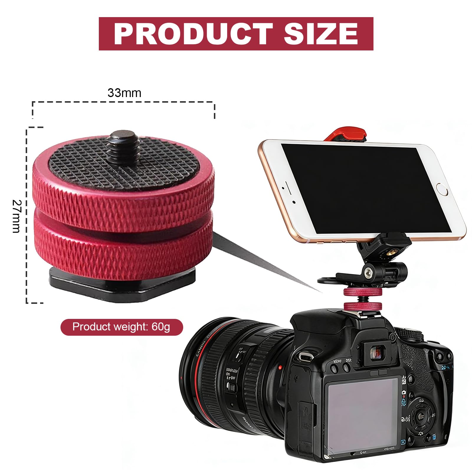 Adaptateur Griffe Flash vers 1/4"-20 Rouge – Écrou de Blocage Rond Élargi avec Patin en Caoutchouc Antidérapant – Support Griffe Froide Professionnel pour Moniteurs, Éclairages LED et Micros