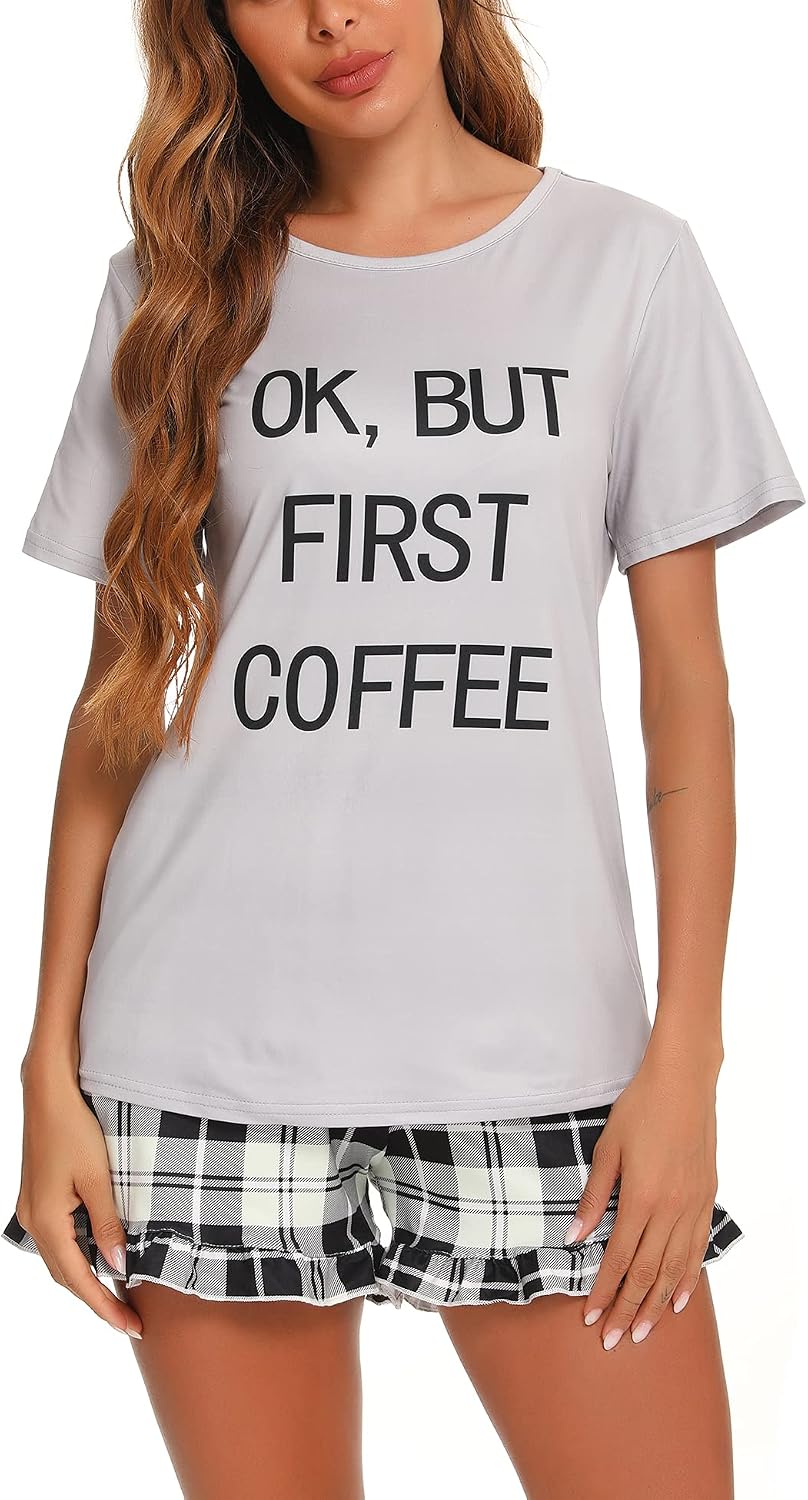 FINWANLO Womens Pajamas Set Short Sleeve Top and Shorts Sleepwear 2 Piece Pjs Sets Nightwear