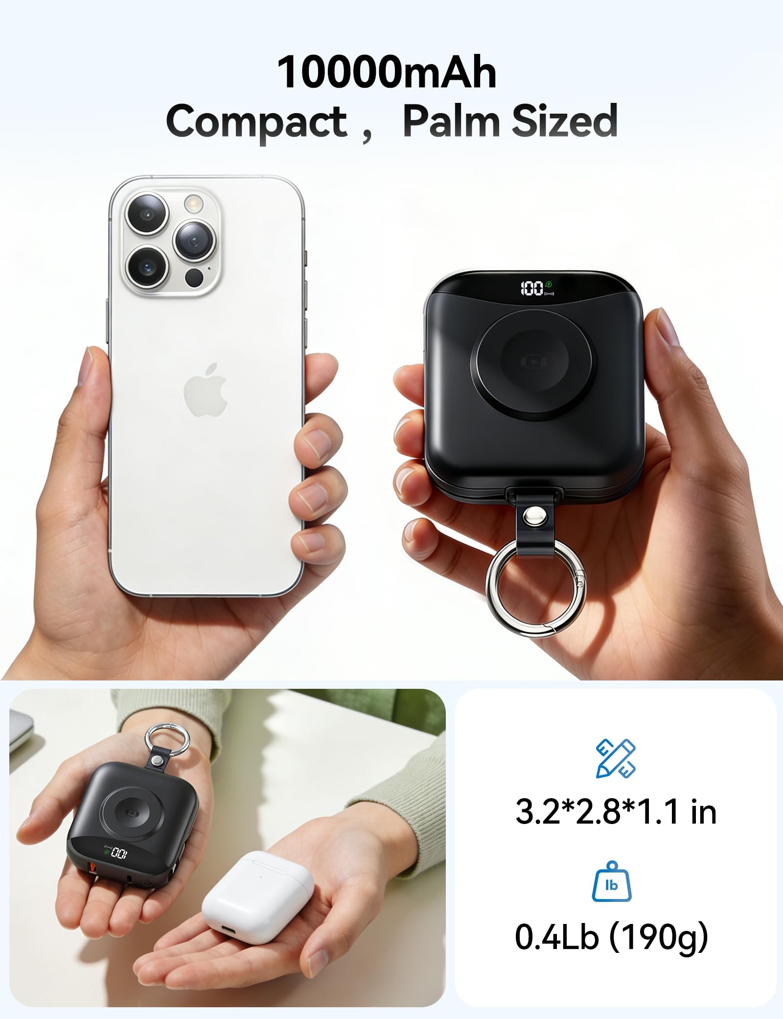 Caricabatterie portatile Power Bank, 10000 mAh, ricarica rapida con cavi integrati, portachiavi da viaggio con display a LED per iPhone, Samsung, Android, iPad, iWatch, caricabatterie 11/10/9/8/Ultra