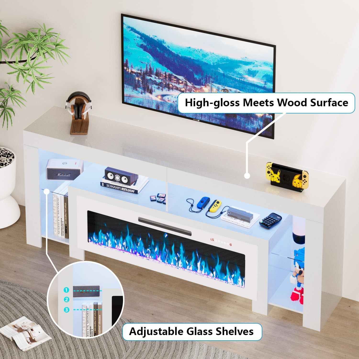 Pretzi Fireplace TV Stand with 50" Electric Fireplace Up to 90" TVs, 80" Entertainment Center with 20 Color LED Lights, Modern Wood TV Media Console with Storage for Living Room, White+White