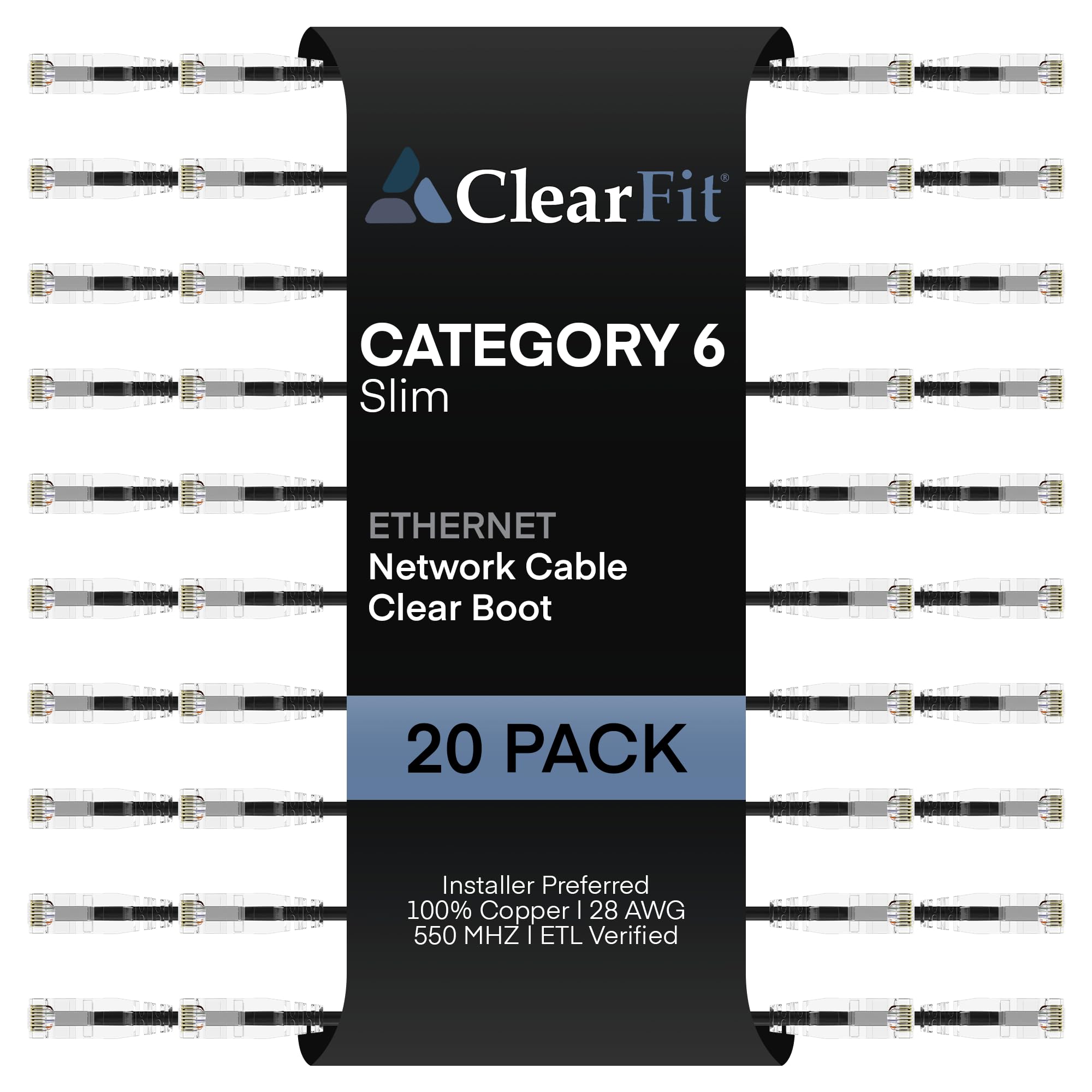 ClearFit Slim 20 Pack - 3ft Cat6 28AWG Ethernet Patch Cable, Network, Clear Boot, Cat 6 Internet, Data Center Rated, Black, 3 Foot, by UNC Group