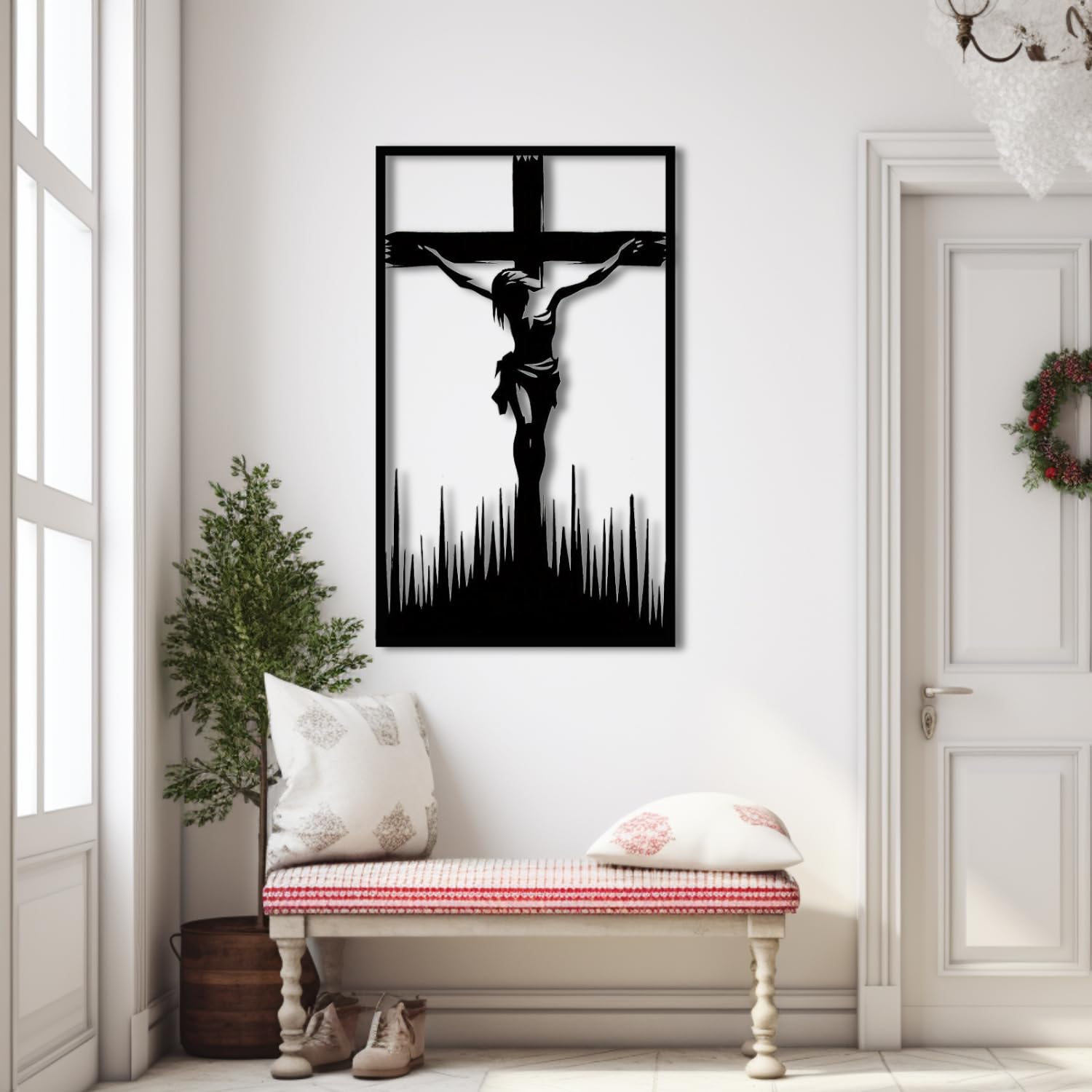 Nowoczesna minimalistyczna sztuka metalowa dekoracja ścienna krzyż Jezus krzyże religijne kościół dom fice chrzest czarny (71 cm x 104.1 cm / 71 104 cm)