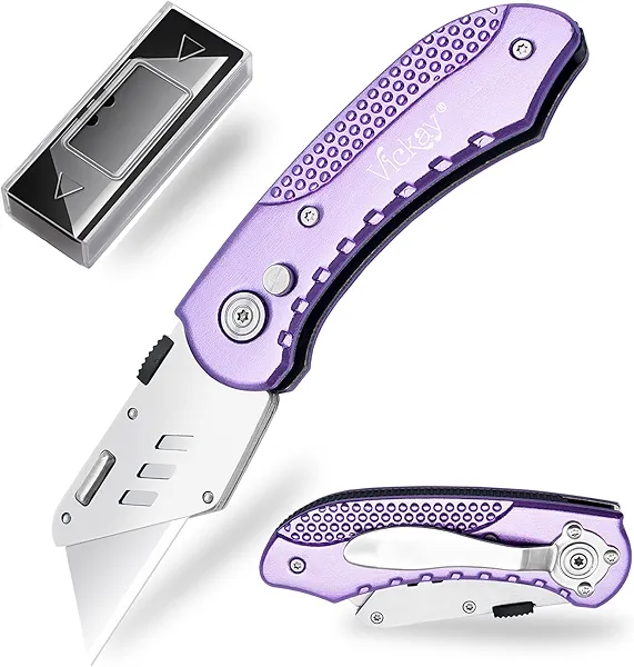 Vickay Folding Utility Knife, Box Cutter with 5 SK5 Quick Change Blades, Safety Axis Lock Design Razor Knife, Lightweight Aluminum Handle Belt Clip for Office Home Artcraft （Light Purple)