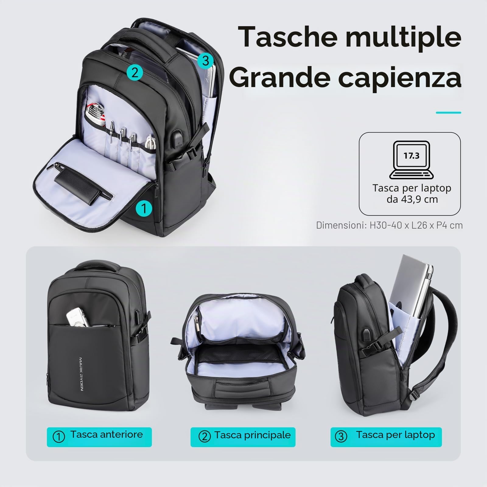 MARK RYDEN Zaino per Computer Portatile da 15.6 Pollici per Laptop PC Anti Borseggio Anti Graffio Zaino da Lavoro Impermeabile con Presa Ricarica USB per Viaggiare Scuola e Ufficio