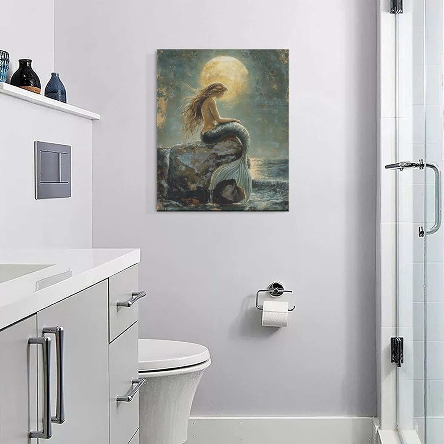 Olivine Mermaid Wall Art, Ocean Pictures Wall Decor, Retro Coastal Moon Canvas Print Painting, Framed Artwork for Bathroom Bedroom Living Room Girl's Room Office Home Decoration 20"x16"