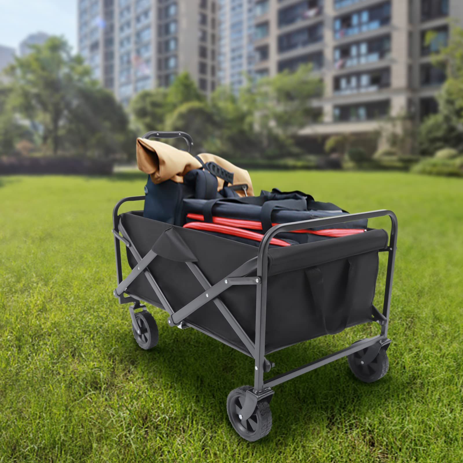Faltbarer Handwagen - Klappbarer Bollerwagen für Garten, Strand und Camping - Outdoor Transportkarre mit Gummirädern - Verstellbarer Griff und 2 Getränkehalter - Bis zu 80kg Tragkraft