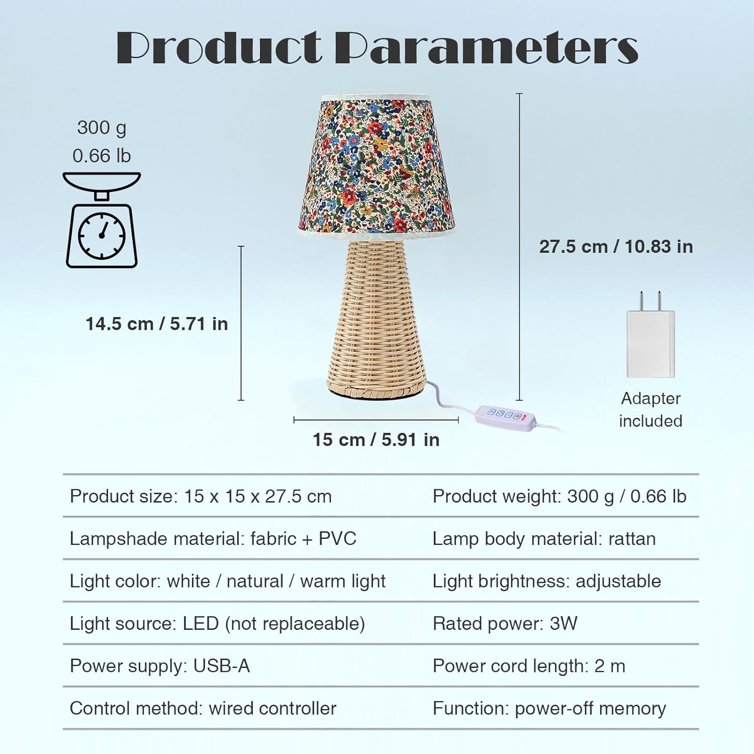 Vintage Small Wicker Lamp, Rattan Body Fabric Lampshade, Adjustable Light Color and Brightness with Power-Off Memory, Safe USB Powered, Retro Night Light for Bedroom Living Room (Cone-Floral)