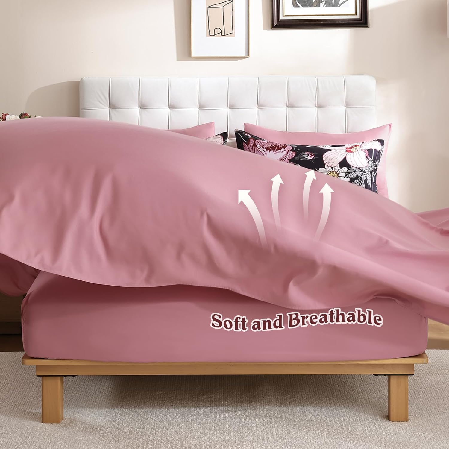 Luxudecor Queen Comforter Set 7 Pieces Bedding Sets,Black Pink Floral Comforter and Sheet Set,Soft Microfiber Bed in a Bag for All Seasons (Black Pink,90"x90") - Image 4