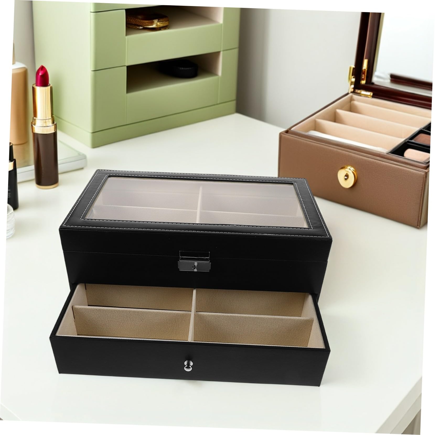 VALICLUD Organizador de Gafas Doble Capa Compartimentos con Interior Beige Estuche Resistente para Almacenamiento y Exhibición de Gafas de Sol y Monturas Tocador