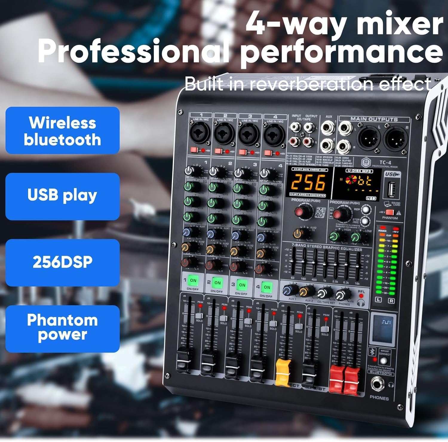 W IN-MIX 4 Channel Professional Audio Mixer with MP3 Player and Bluetooth U disk 48V Phantom Power Source USB recording for Studio Recording, Live Performances