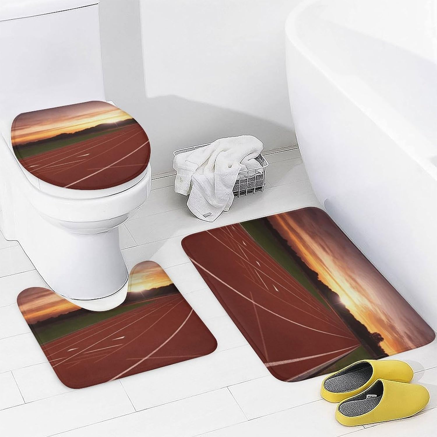 Dusk Running Track 4Pcs Shower Curtain Set with Non-Slip Rugs, Toilet Lid Cover and Bath Mat,Bathroom Set Decor Accessories,Curtain Set with 12 Hooks, 72 X 72 Inch