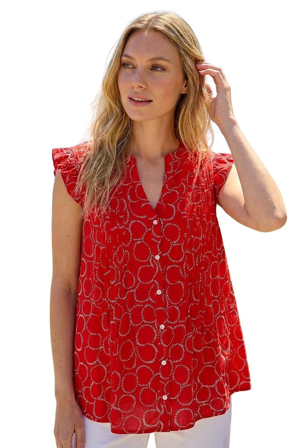 Roman Originals Women's Circle Red Roman Sleeveless Shirt For Uk Blouse Top Button Through Summer Smart Casual Work Cocktail Party Office Holiday Special Occassion Evening Going Out - Size 10