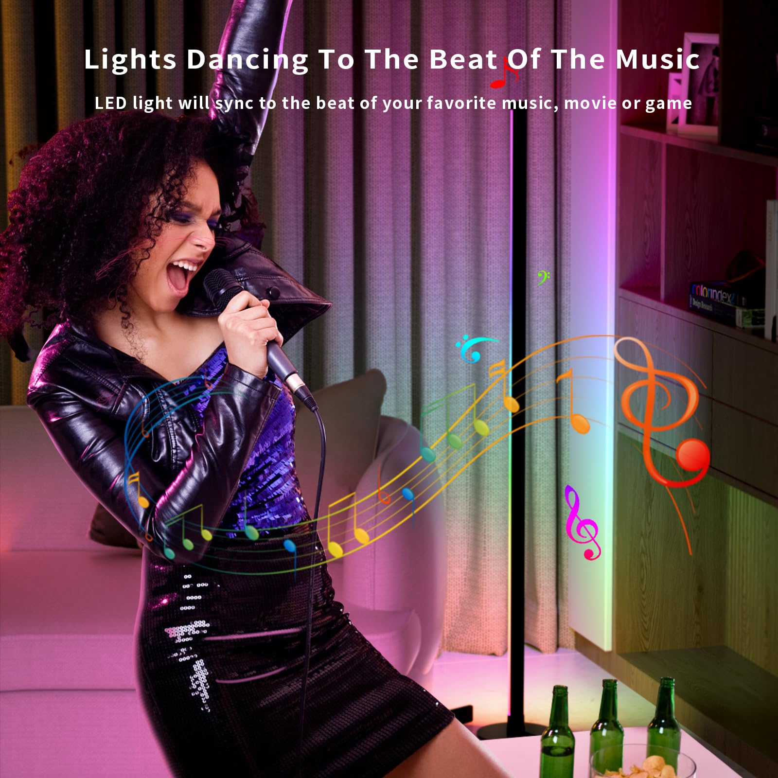 RGBICW Pro Luces LED para dormitorio: lámpara de pie inteligente de esquina de 65 pulgadas compatible con Alexa y Google Assistant, luz de pie de esquina mínima con sincronización de música