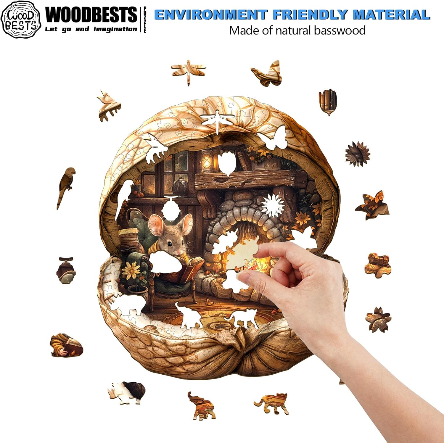 WOODBESTS Wooden Puzzles for Adults - Mouse's Walnut House, Mouse Wooden Jigsaw Puzzle, Unique Animal Wood Puzzles Adult, Xmas Gifts for Puzzle Lovers(265 Pcs, L, 13.4"x11.9")