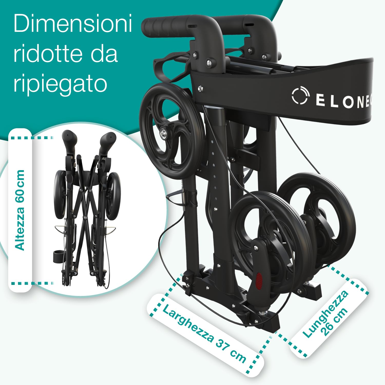 ELONEO Deambulatore con Seduta - Girello per Anziani con 4 Ruote Leggero, in Alluminio, 8 Altezze Regolabili, Deambulatore Pieghevole con Borsa e Porta Ombrello, Adatto all'Auto (Nero)