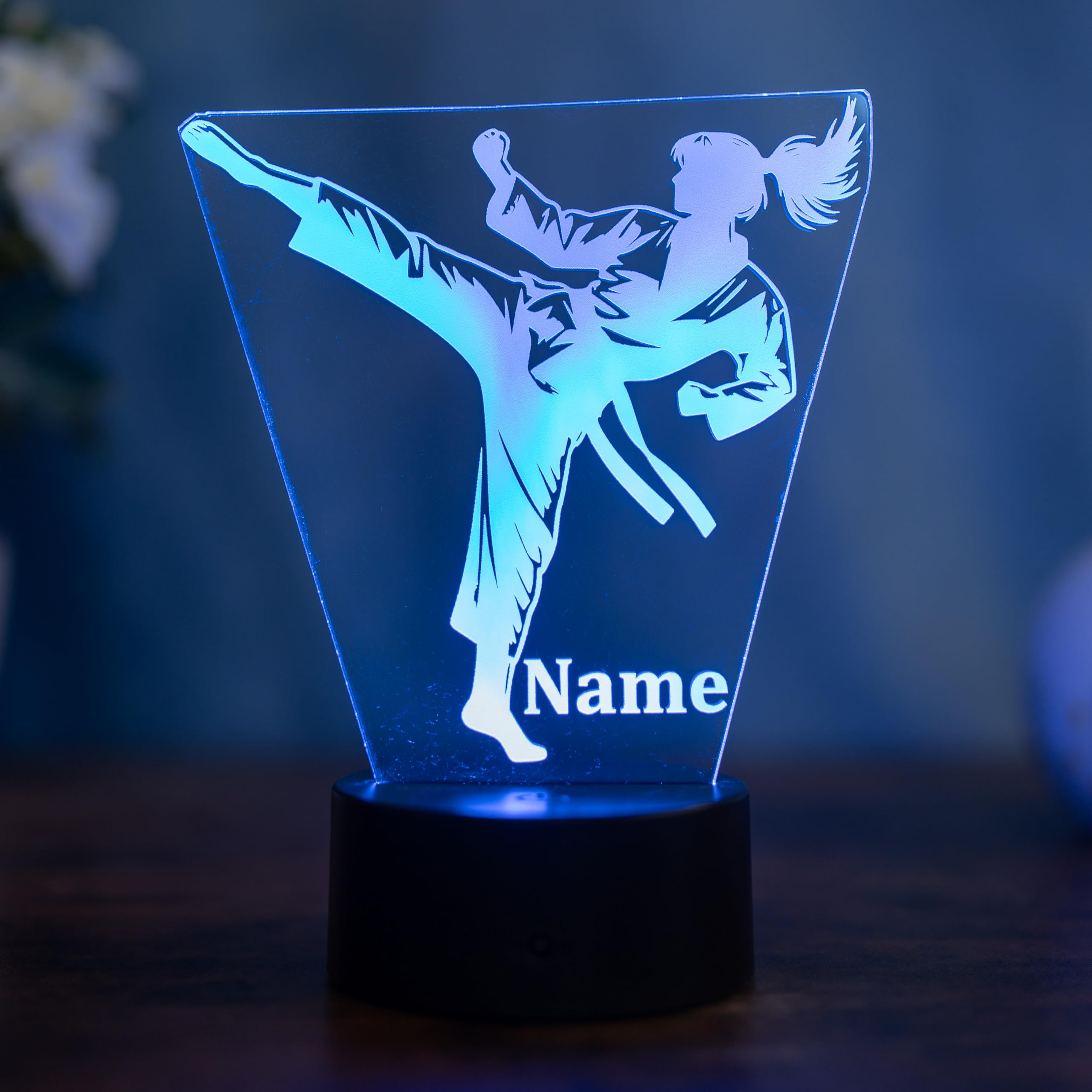 Lámpara LED de cristal acrílico para niña, diseño de karate, luz nocturna con nombre y cambio de color, decoración de artes marciales, cristal acrílico fabricado en Alemania